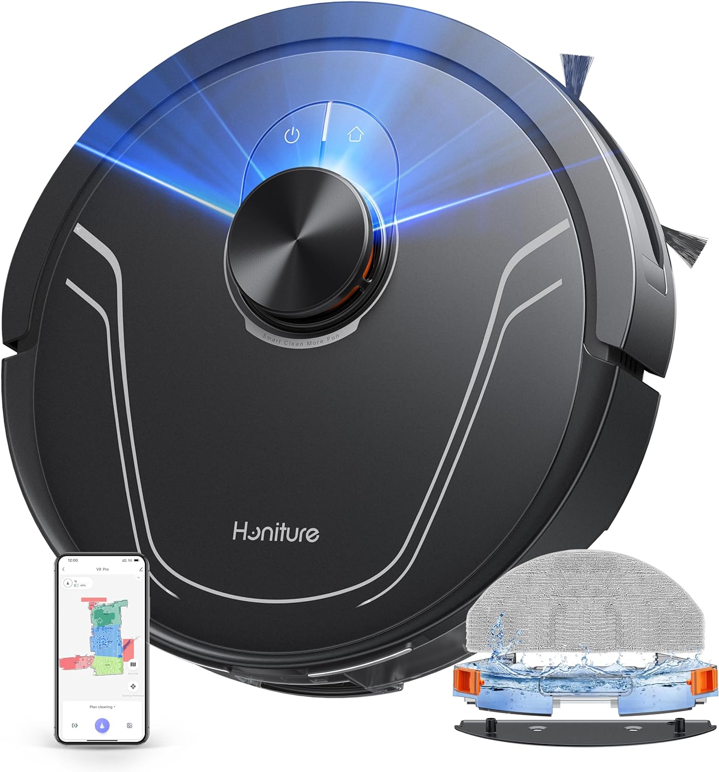 HONITURE Robot Vacuum and Mop Combo,V8 Pro Robot Vacuum Cleaner with 5000Pa Max Suction,Laser Navigator Robotic Vacuums with 180 Mins Run Time,Self-Charging,App Control,Ideal for Pet Hair