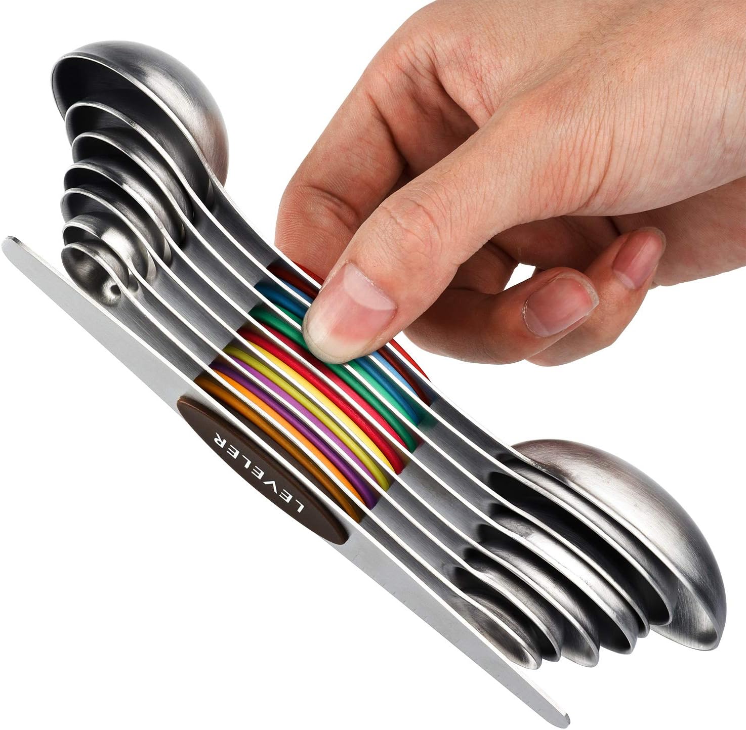 Magnetic Measuring Spoons Set of 8 Stainless Steel Dual Sided Stackable Measuring Spoons Nesting Teaspoons Tablespoons for Measuring Dry and Liquid Ingredients