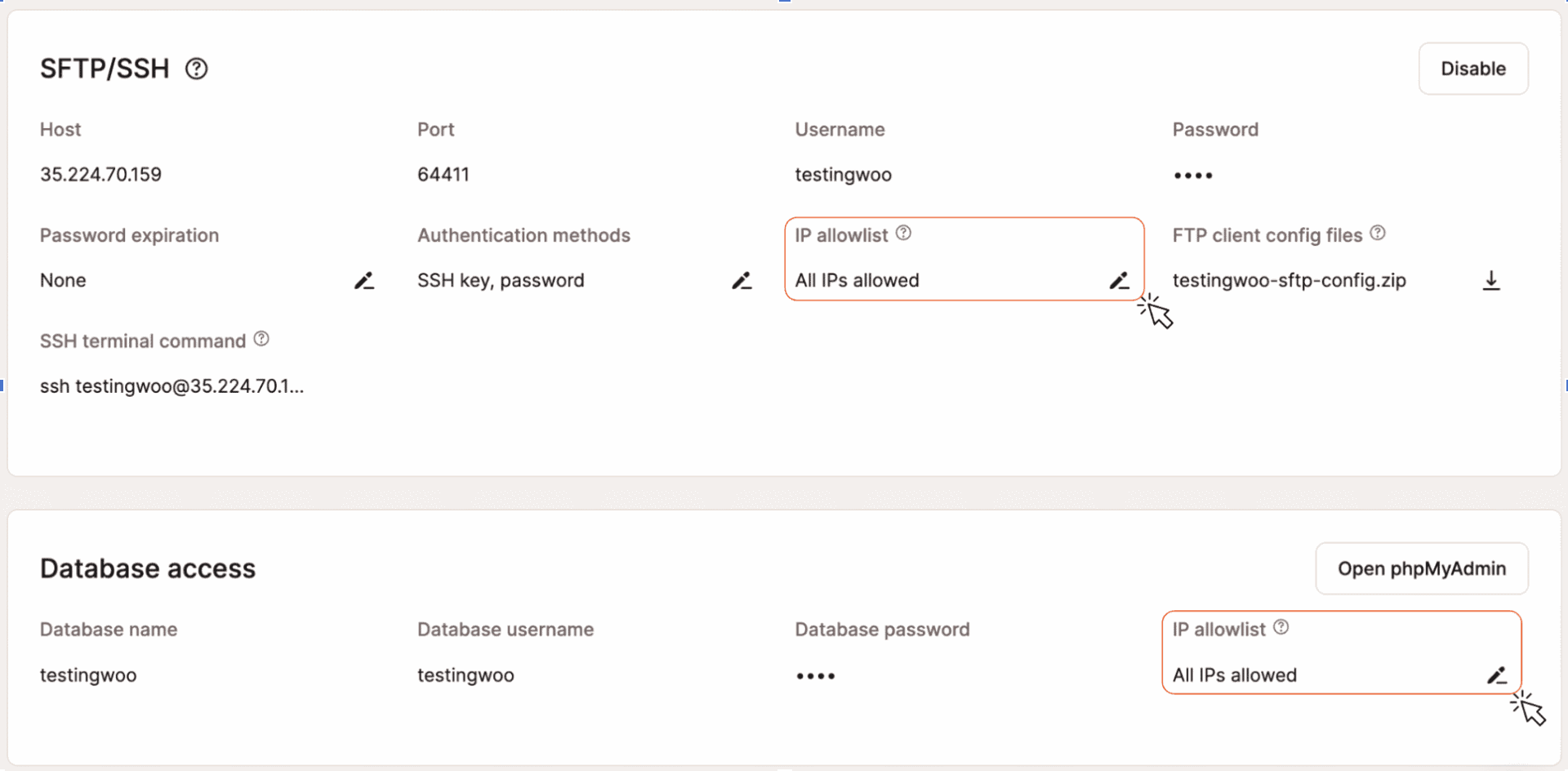 Clicking the edit icon to manage an SFTP/SSH and database IP allowlist