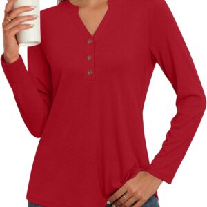 Aodemo Women Autumn Henley Tops Notch V Neck Button Down Tunic Shirt Long Sleeve Loose Blouse Winter Dressy Sweatshirt