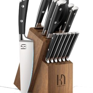 Knife Set 15 Pcs Japanese High Carbon Stainless Steel Kitchen Knife Sets with Block and Sharpener, Premium Razor Sharp Black Knives Block Set for Kitchen with Ergonomic Full-tang Handle