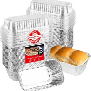 Stock Your Home Disposable Aluminum Mini Loaf Pans with Lids, 1 lb (50 Pack) New & Improved Plastic Dome Lid Foil Baking Tins, Tin Pans for Cake, Bread, Holiday Baked Goods Packaging