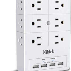 Nikleb Power Strip Surge Protector, 12 Outlet 3-Sided Electrical Outlet Extension Cord, Wall Socket with 4 USB Charging Ports Total 4.8A, 3-Prong Plug Adapter, Low Profile Wall Mount Charging Station Block