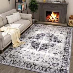 LOCHAS Super Soft Area Rug, Washable Living Room Rug, Non Slip Rug for Bedroom Livingroom Dining Room, Low Pile Vintage Floral Print Accent Carpets for Office Home Floor Carpet (Grey, 5x8 Feet)