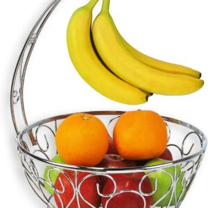 Simple Houseware Fruit Basket Bowl with Banana Tree Hanger, Chrome Finish