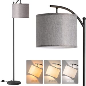 addlon Floor Lamp for Living Room with 3 Color Temperatures, Standing lamp with Linen lampshade for Bedroom, Office, Lamps with 9W LED Bulb Included - Black with Gray Lampshade