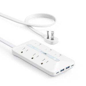 Flat Plug Power Strip(300J), Anker 20W USB C Power Strip, 10-in-1 Ultra Thin Power Strip with 6 AC, 2 USB A/2 USB C,10ft Extension Cord, Desk Charging Station,Home Office College Dorm Room Essentials