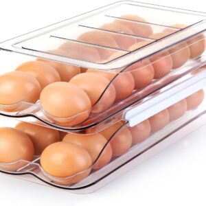 Egg Holder for Fridge, Automatic Rolling Egg Container for Refrigerator, Stackable Fridge Organizers and Storage with Lid, Clear Plastic Egg Dispenser & Tray (2 Tier)