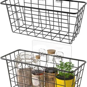 MaraFansie Hanging Kitchen Baskets Wire Storage Basket Over the Cabinet Door Organizer, No Drilling Adhesive Basket for Cabinet Pantry Organization and Kitchen, Bathroom, Storage, 2 Pack, Black