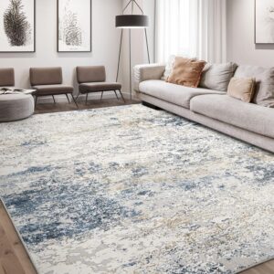 Area Rug Living Room Rugs - 6x9 Abstract Large Soft Indoor Washable Rug Neutral Modern Low Pile Carpet for Bedroom Dining Room Farmhouse Home Office - Beige Blue