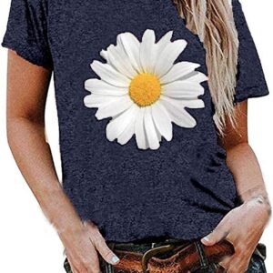 JEGULV Summer T-shirts for Women 2024, Women Short Sleeve Blouse, Daisy Floral Print Basic Summer T-shirts