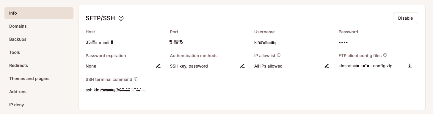 SFTP/SSH info details in MyKinsta