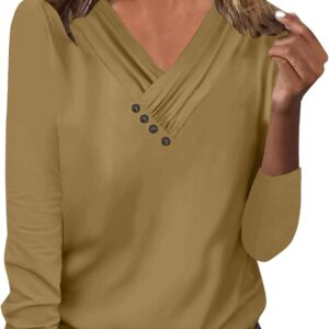 Long Sleeve Shirts for Women Fall Clothes Casual V Neck Buttom Tops Solid Color Shirts 2024