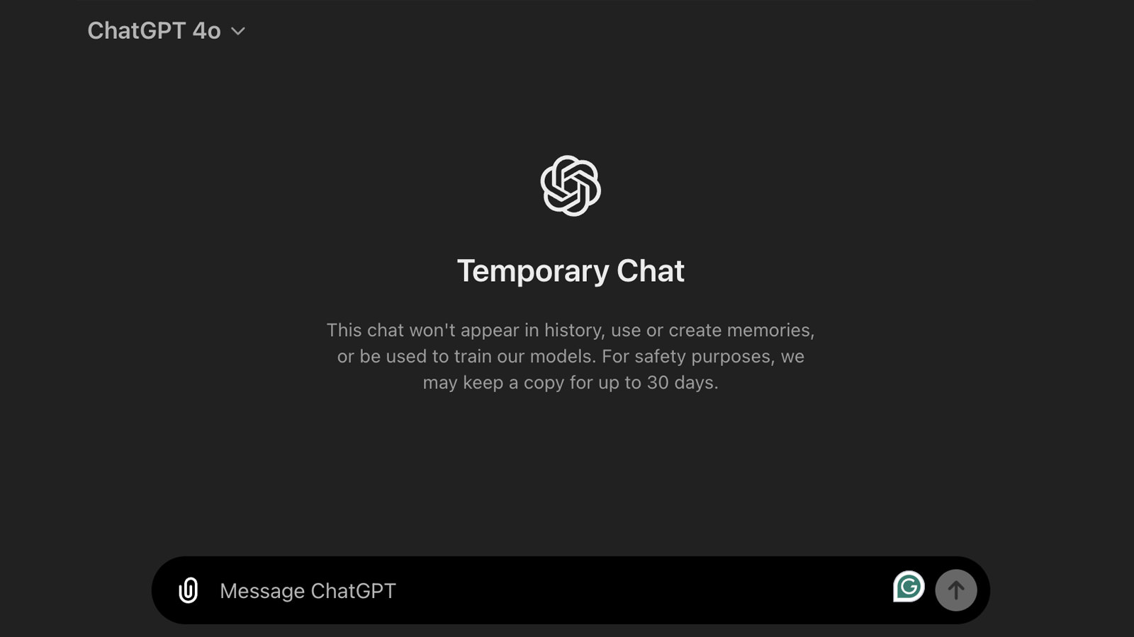 Temporary chat option in ChatGPT interface