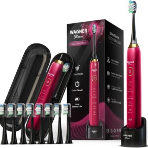 Wagner Stern The Ruby Red Edition Ultrasonic Whitening Electric Toothbrush features five brushing modes, eight soft brush heads, and a premium travel case.