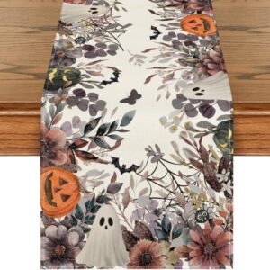 Artoid Mode Jack-O'-Lantern Pumpkin Floral Ghost Halloween Table Runner, Eucalyptus Kitchen Dining Table Decoration for Home Party Decor 13x36 Inch