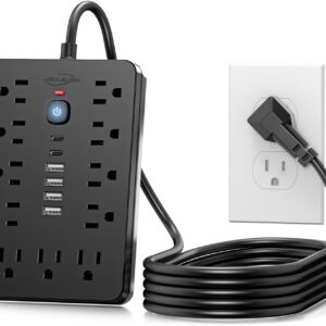 6 Feet Flat Outlet Surge Protector Power Strip, 11 Multiple AC Outlets with 6 USB Ports (2 USB C), 6 Feet Extension Cord, 1875W/15A, One-Touch Switch Button, 17 in 1 Compact Power Strip