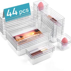 Vtopmart 44 PCS Clear Plastic Drawer Organizers Set, 4-Size Versatile Bathroom and Vanity Organizer Trays, Non-Slip Storage Containers for Makeup, Jewelries, Bedroom，Kitchen Utensils and Office