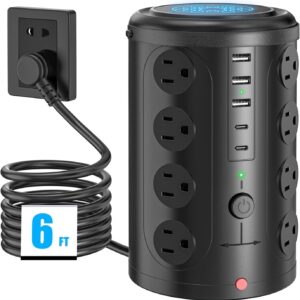 Surge Protector Tower with 16 Outlets and 5 USB Ports (2 USB-C), 6ft Extension Cord with Multiple Outlets, 45° Flat Outlet, 21 in 1 Charging Station for Home, Office, dormitory, black essentials