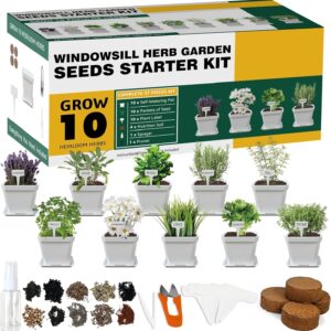 Herb Grow Kit, 10 Herb Seeds DIY Garden Starter Kit, Complete Potted Plant Growing Set Including White Pots, Markers, Nutritional Soil, Watering, Clipper for Kitchen Herb