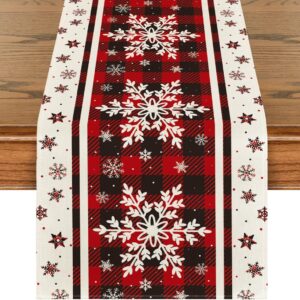 Artoid Mode Buffalo Plaid Snowflakes Christmas Table Runner, Seasonal Winter Kitchen Dining Table Decoration for Home Party Decor 13x72 Inch