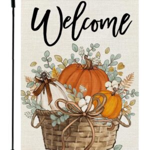 CROWNED BEAUTY Fall Pumpkins Garden Flag 12x18 Inch Double Sided for Outside Small Burlap Welcome Eucalyptus Autumn Holiday Yard Decoration