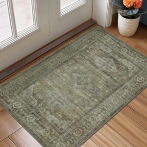 2x3 Rugs for Entryway, 2x3 Non Slip Area Rugs for Bedroom ，Machine Washable Ultra-Thin Print Boho Vintage Aesthetic Carpet, Low Pile Mat with Non Slip Rubber Backing, Distressed Sage