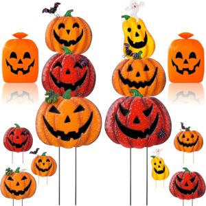 2 Set Halloween Garden Stakes, 38" Stacked Metal Pumpkins Jack-o-Lantern Decorative with 2 Halloween Pumpkin Leaf Bags,Halloween Metal Yard Signs for Outside Garden Lawn Porch Pathway