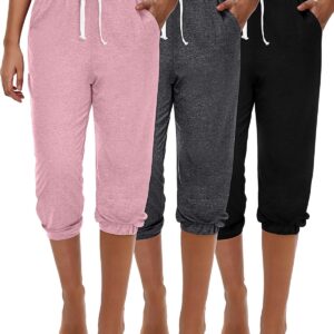 Ficerd 3pcs Women's Capri Sweatpants Casual Jogger Pants Athletic High Waist Lounge Pants with Pockets