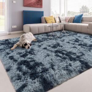 Softlife Blue Tie-Dyed Area Rug 6x9 ft Aesthetic Shage Carpet for Bedroom Living Room Soft Fluffy Rugs with Non-Slip Bottom High Pile Rug for Home Decor Kids Nursery Room