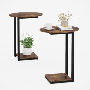 Hosfais Small Side Table Set of 2 - C-Shaped Wood Sofa End Table with Metal Frame for Living Room, Bedroom, Small Spaces (Rustic Brown)