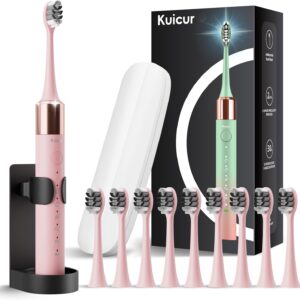 Sonic Electric Toothbrush for Adults and Kids, Rechargeable Electric Toothbrush with 10 Brush Heads and Travel Case, Teeth Whitening, Electric Toothbrush with Holder, Charge for 120 Days - Pink