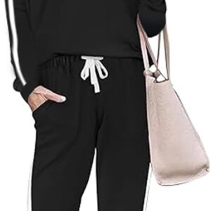 Women's 2 Piece Set Lounge Outfits Round Neck Long Sleeve Sweatshirt Elastic Striped Pants Tracksuit with Pockets