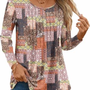 TAOHUADAO Women's Long Sleeve Round Neck Pleated Tunic Tops Casual Dressy Blouse