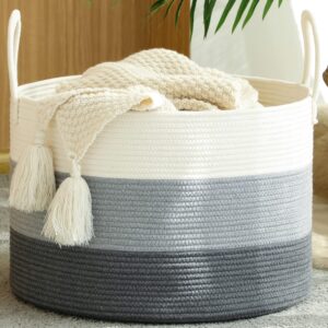 KAKAMAY Large Blanket Basket (20"x13"),Woven Baskets for storage Baby Laundry Hamper,Cotton Rope Blanket Basket for Living Room, Laundry, Nursery, Pillows, Baby Toy chest with Handles (White/Grey)