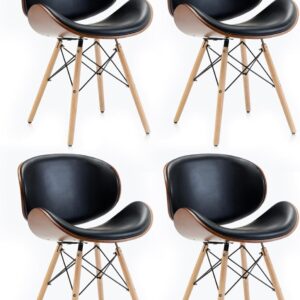 BELLEZE Set of 4 Mid Century Modern Dining Chairs, Upholstered Faux Leather Walnut Curved Back Contemporary Kitchen Dining Accent Chair, Minimalist Vintage Style - Avalon (Black)