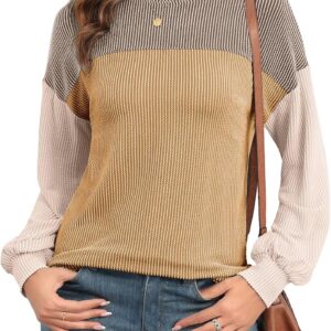 Women's Tunic Pullover Shirts Fashion Drop Shoulder O-Neck Long Lantern Sleeve Ribbed Knit Casual Loose Tops 2024