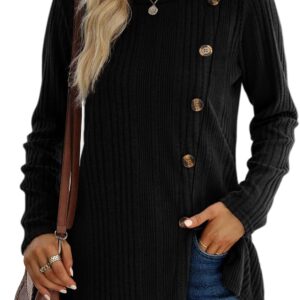 XIEERDUO Women's Long Sleeve Tops Tunic Buttons Front Slit