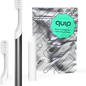 Quip Sonic Toothbrush for Adults with Timer - Includes Extra Brush Head and Travel Case Holder - Soft Bristle Electric Charging Head, Metal Handle, 3 Month Battery Life - Travel Toothbrush - Slate