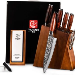 YARENH Kitchen Knife Set, 8 Piece Professional Damascus Chef Knives, Sharp High Carbon Stainless Steel Blade, 73 Layers, Full Tang, Dalbergia Wood Handle, Walnut Wooden Block and Sharpener Stone