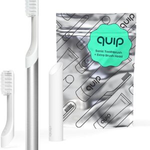 Quip Sonic Toothbrush for Adults with Timer - Includes Extra Brush Head and Travel Case Holder - Soft Bristle Electric Charging Head, Metal Handle, 3 Month Battery Life - Travel Toothbrush - Silver