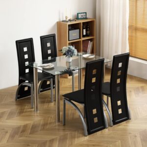 Karl home 5-Piece Dining Table Set with 1 Glass Dining Table and 4 PVC Chairs, Modern Silver Dining Table Set for Kitchen & Breakfast Dining Living Room, Space Saving