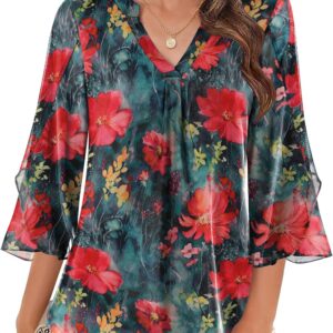 Zeagoo 3/4 Sleeve Tops for Women Ruffle V Neck Mesh Blouses Flowy Floral Loose Work Casual Tunic Shirts