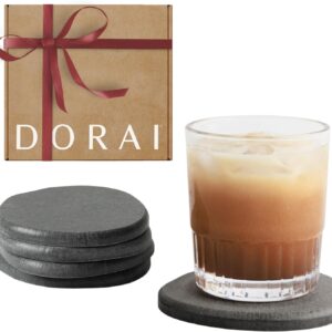 DORAI Home Stone Coaster Set - 4 Stone Coasters with Absorbent Diatomaceous Earth for Instant Drying Round Coasters for Drinks Modern Home Decor - Slate Stone