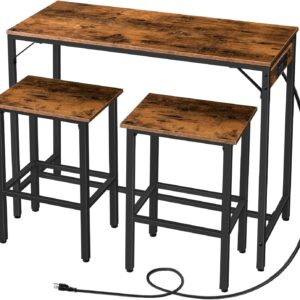 HOOBRO Bar Table and Chairs Set, 39.4" Dining Table Set with Power Outlet, 3-Piece Pub Table Set, Kitchen Bar Height Table with Stools of 2, Space Saving for Living Room, Rustic Brown BF45UBT01