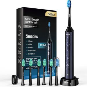 Electric Toothbrush for Adults, Sonic Electric Toothbrush with 3 Intensity Levels and 5 Modes, One Charge for 90 Days, Rechargeable Toothbrush with 6 Toothbrush Heads and 40,000 VPM Deep Clean (Blue)