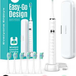 COSLUS Electric Toothbrush for Adults & Teens: Cordless Rechargeable Toothbrush for Adults & Teens with Portable Travel Case, 5 Modes, 47,000 VPM Electric Toothbrushes, 6 Brush Heads, White