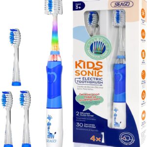 Kids Electric Toothbrush with 2 Minute Timer, 30 Seconds Reminder and 4 Replacement Heads, Colorful LED Lights, 24,000 Vibrations, Battery Electric Toothbrush for Boys Ages 4-12 (Blue)