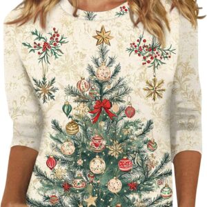 Christmas Shirts for Women, Trendy Round Neck, 3/4 Sleeve, Fall Shirts, Fashionable Snowflake Shirts, Graphic Tees