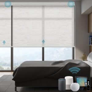 SmartWings Motorized Smart Blinds for Windows in Light Filtering, Electric Remote Roller Shades Compatible with Alexa/Google Home/Homekit, Custom Up to 110”W x 148”H, Linen Translucent White